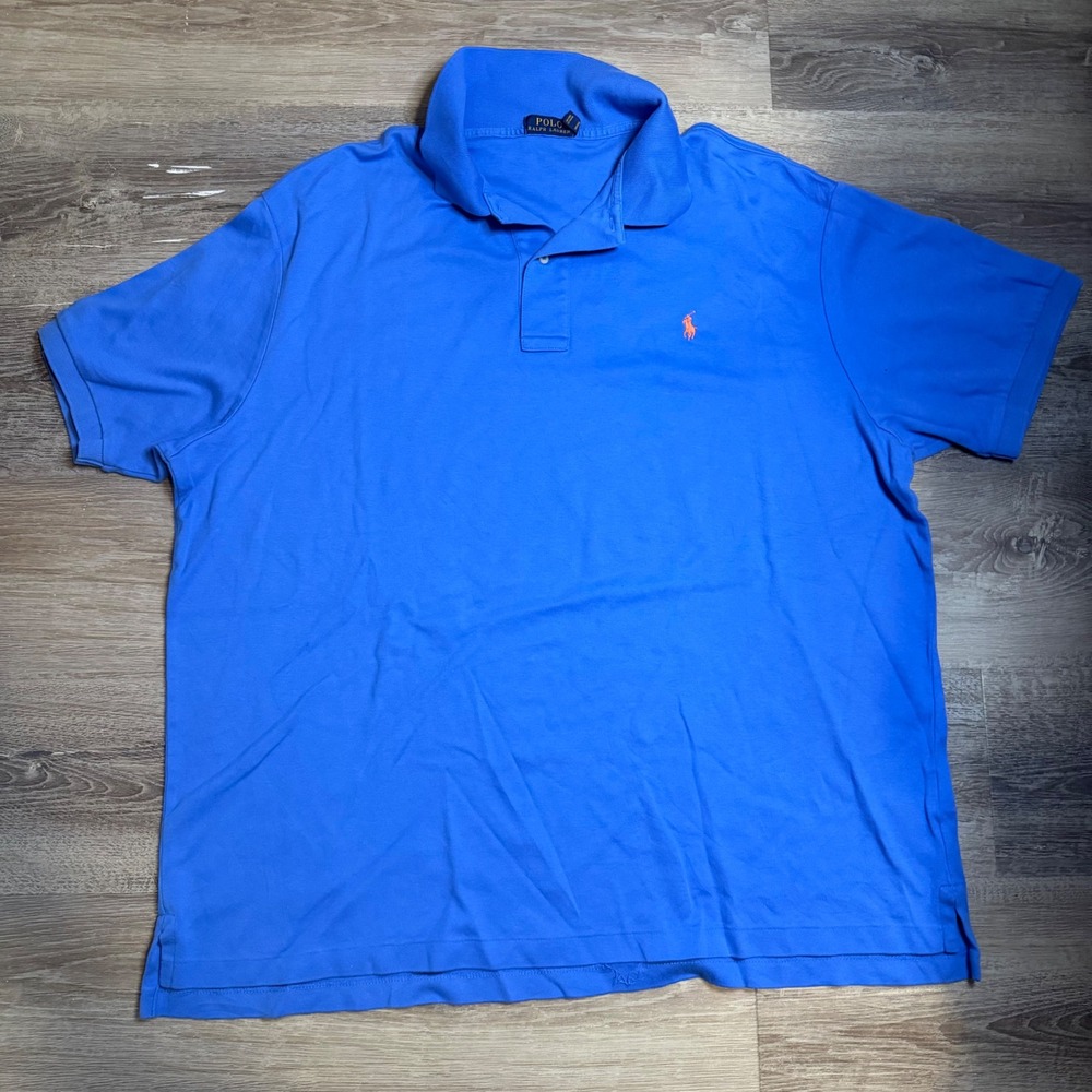 Polo Ralph Lauren Mens 2XB Blue Short Sleeve Pique Polo Shirt Orange Pony Logo